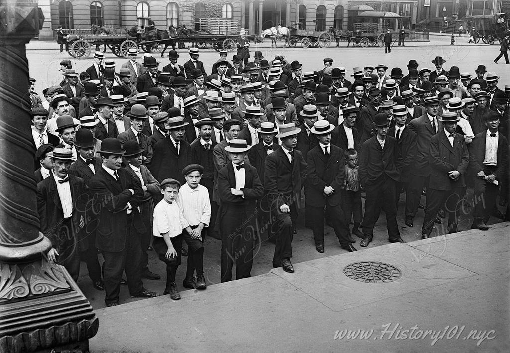 Unemployed men and boys meet in Union Square, which as the name implies was a common meeting point for both celebrations and protests.