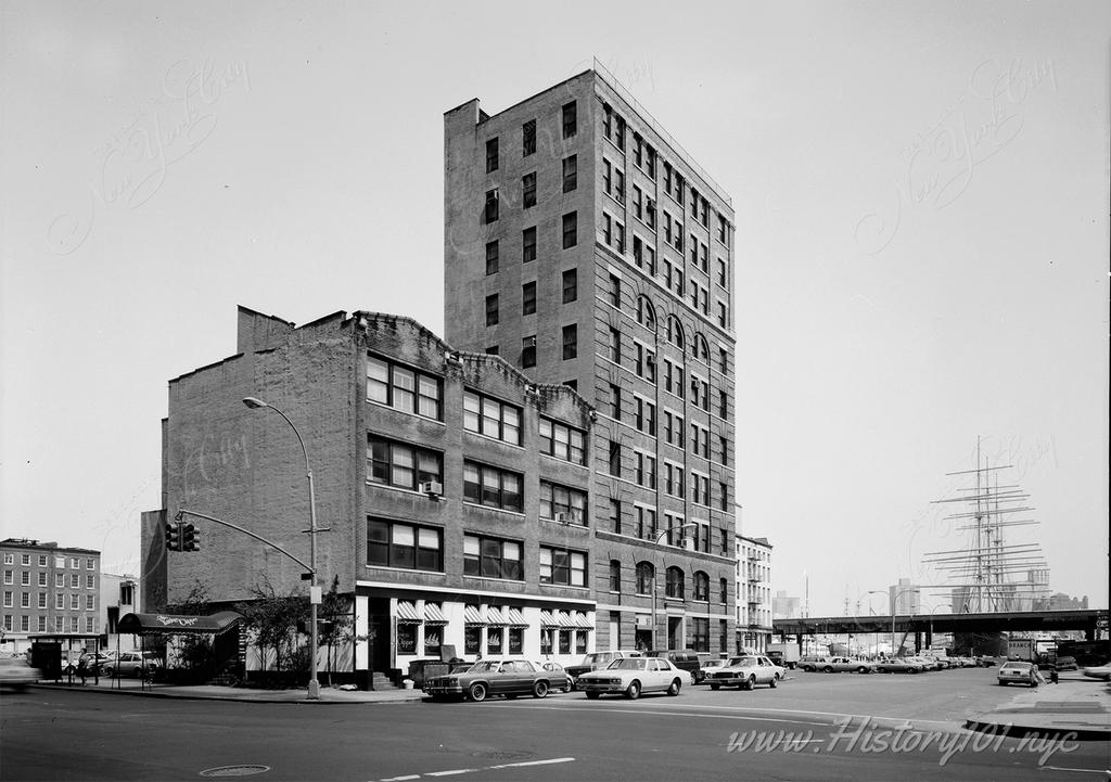 A Historic American Buildings Survey photograph showing east and north elevations of the William J. Matheson Building at 145-155 John Street.