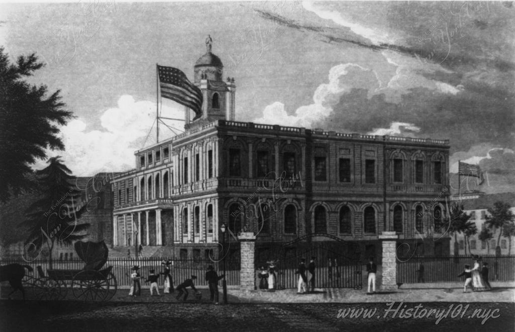Black and white illustration of City Hall in New York.