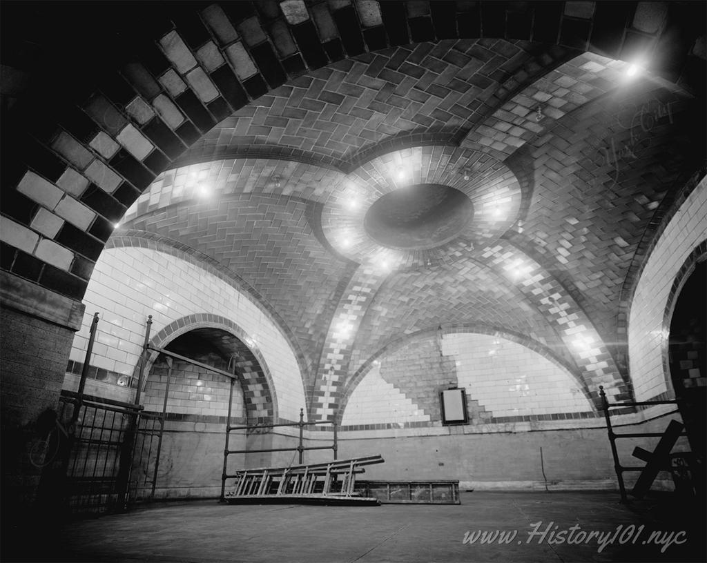 Photograph of the tile-clad control room at City Hall Subway Station in downtown Manhattan.