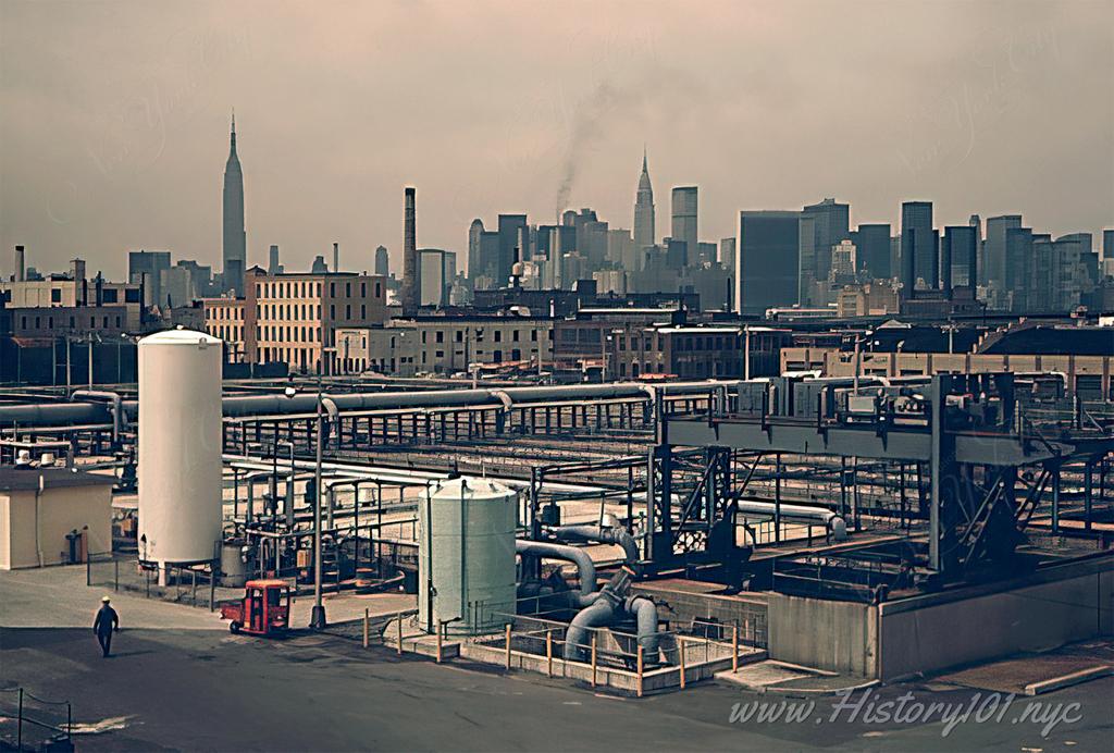Photograph of the Newtown Creek Sewage Treatment Plant in Brooklyn, which began operation in 1967 and currently treats 18% of the City's wastewater.