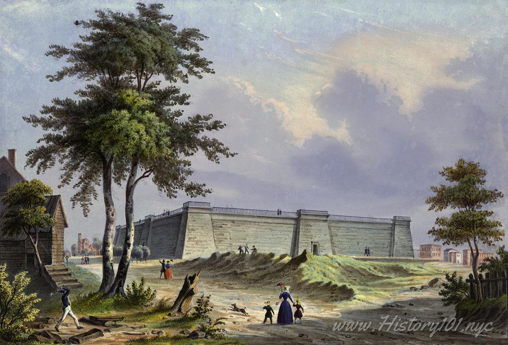 Painting of the Croton Reservoir at 42nd Street. Completed in 1842, it was the source of the city's drinking water until its demolition in the 1890s.