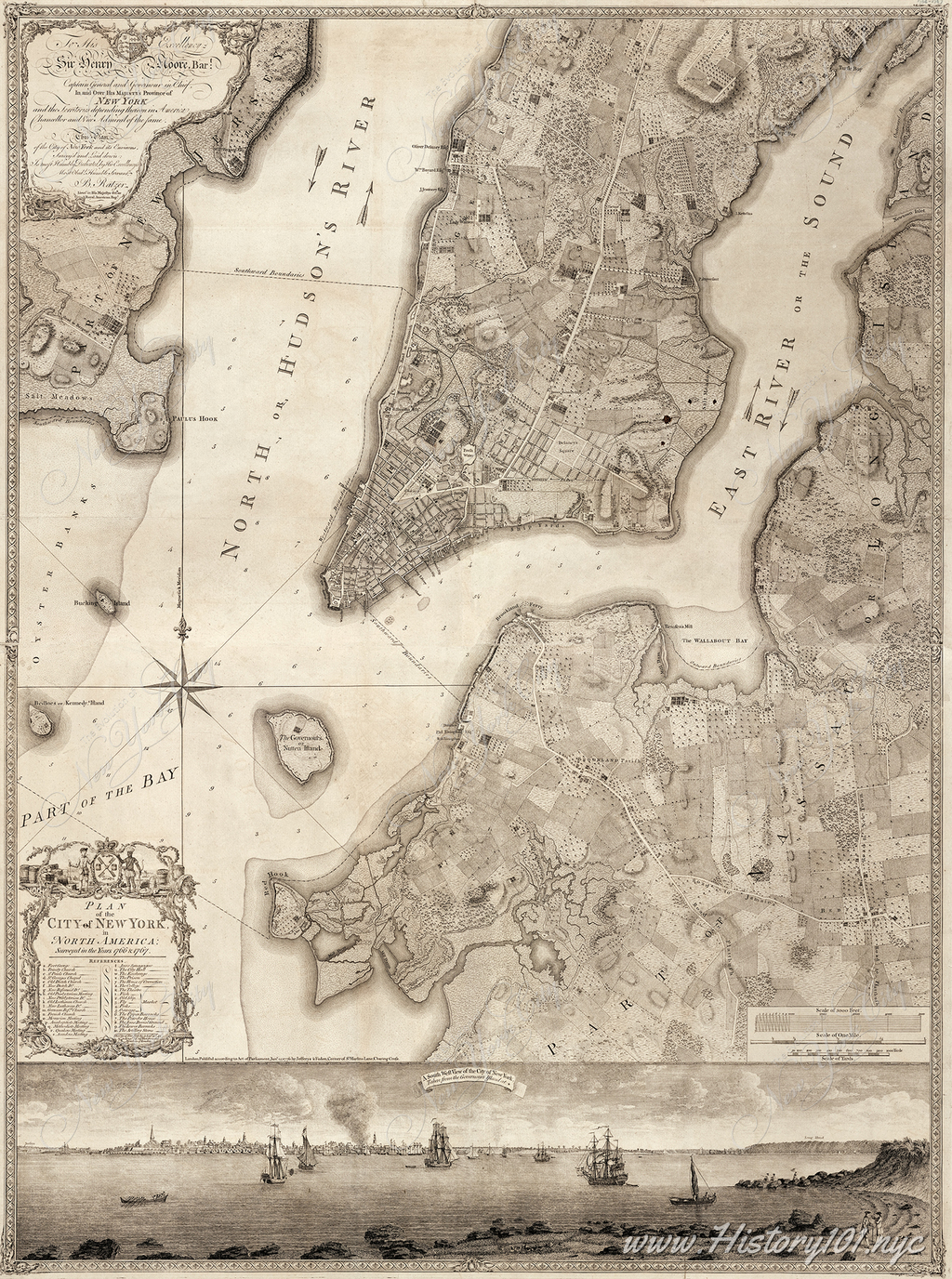 Explore the 1766-1767 "Plan of the city of New York" by Bernard Ratzer, a detailed map capturing New York City's landscape before the American Revolution