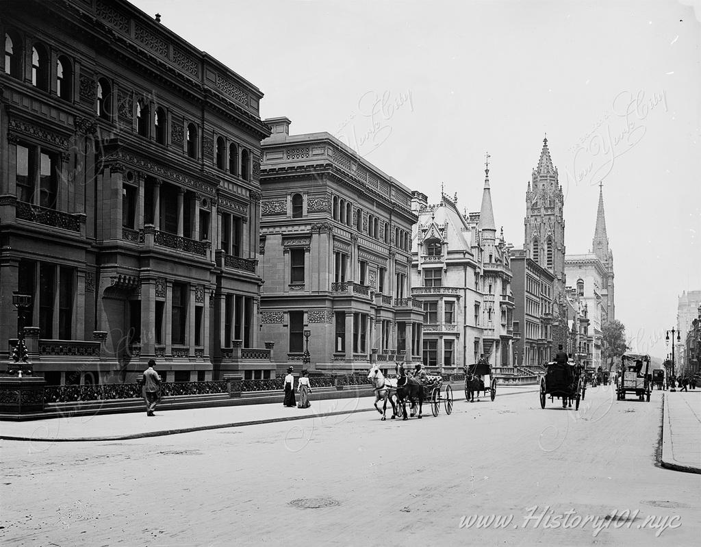 Explore a 1900 snapshot of Fifth Avenue, featuring Saint Patrick's Cathedral and the Vanderbilt mansions, symbols of NYC's Gilded Age grandeur