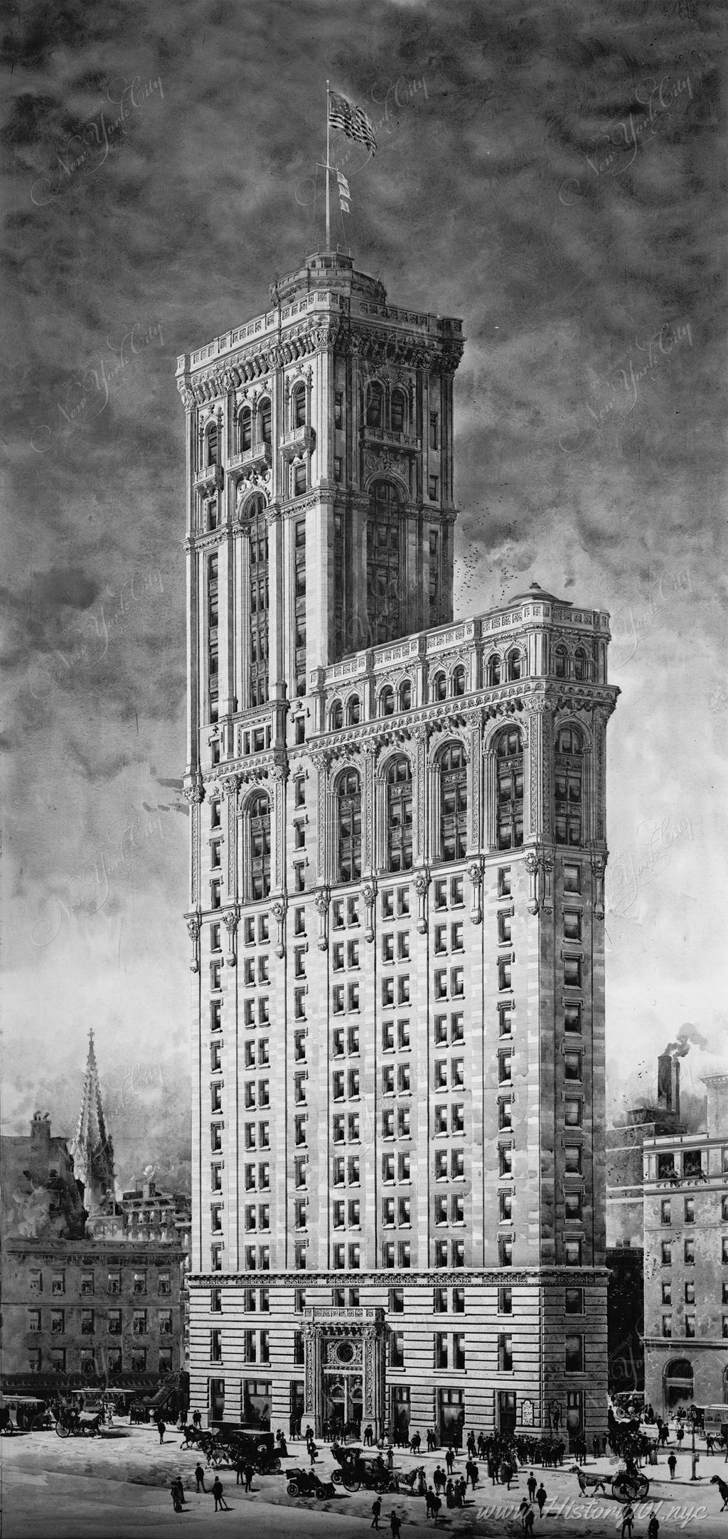 Photograph of the New York Times Building. Though construction was complete, the New York Times would not officially take residence there until 1905.