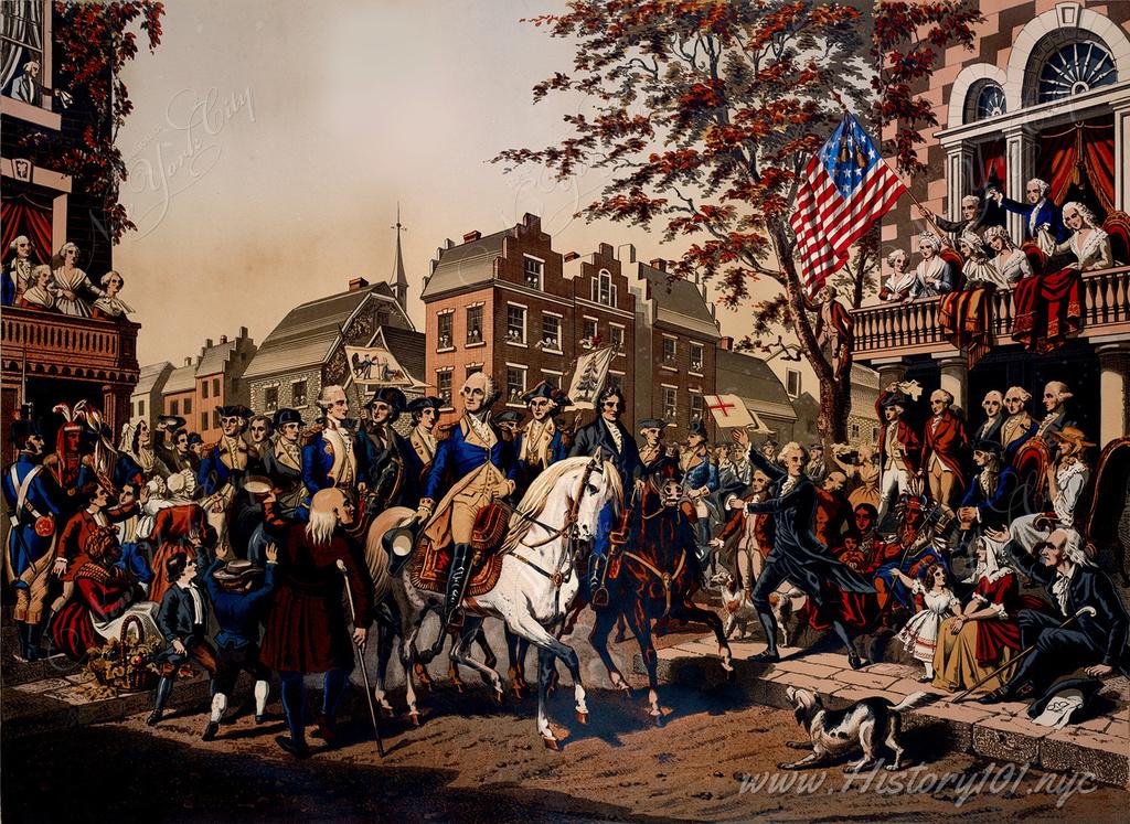 A large crowd gather at the corner of Third Avenue and the Bowery to witness George Washington's grand entry into New York on November 25th, 1783. 