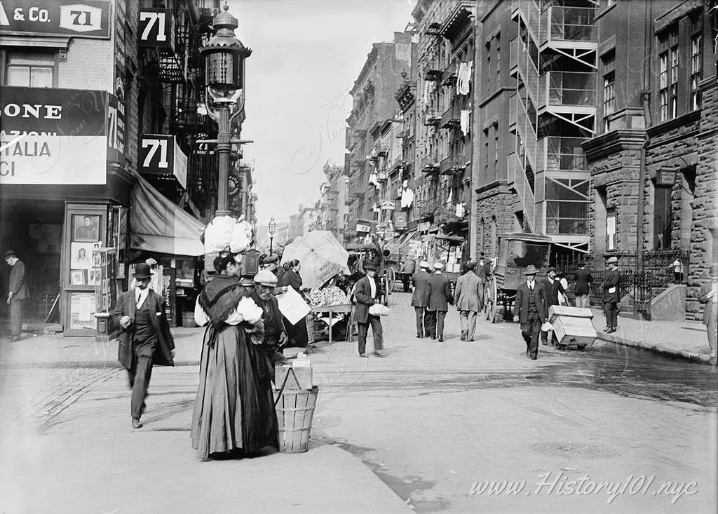 A picture of pedestrians on Mulberry Street, located in the heart of a bustling Italian neighborhood.