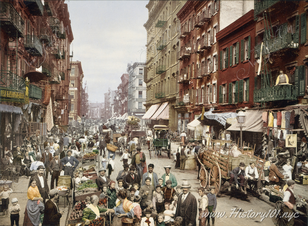 Explore 1900 NYC life in Mulberry Street Markets' photo, capturing the essence of local trade and vibrant street culture