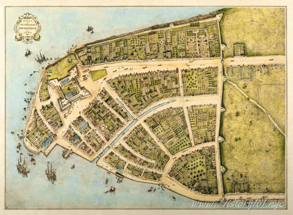An illustrated map displaying early settlements and boundaries of New Amsterdam - a fledgling town occupied by an increasing amount of Dutch settlers.
