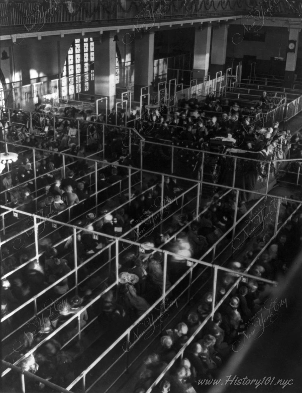 Crowds will the rows, or "pens" at Ellis Island, probably on or near Christmas as evidenced by the decorations.