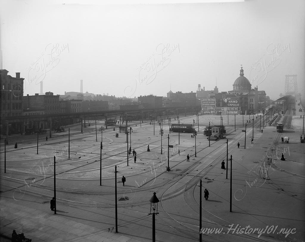 Aerial view of the Plaza at the foot of the Williamsburg Bridge in Brooklyn, New York.