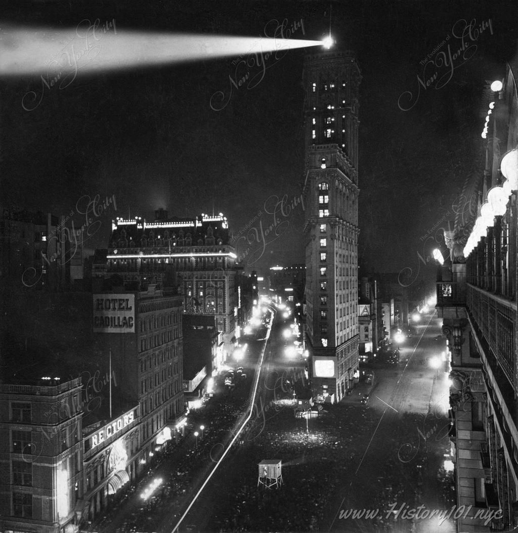 Explore the vibrant scene of NYC’s 1907 Election Night along Broadway, featuring the iconic Times Building and the lit-up 'Great White Way