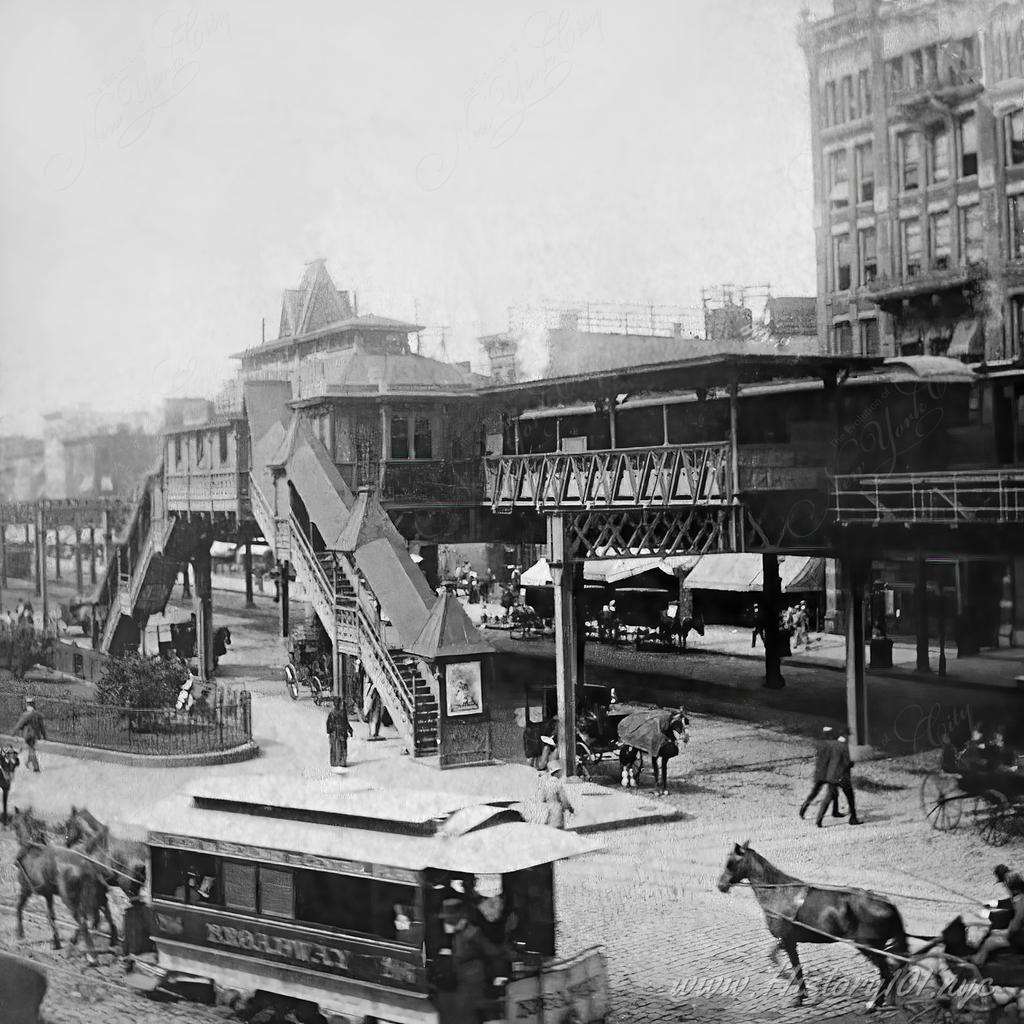 View looking southwest from the intersection of 33rd Street and Broadway.  The Sixth Avenue Elevated Railway is shown on Sixth Avenue where it crosses Broadway.