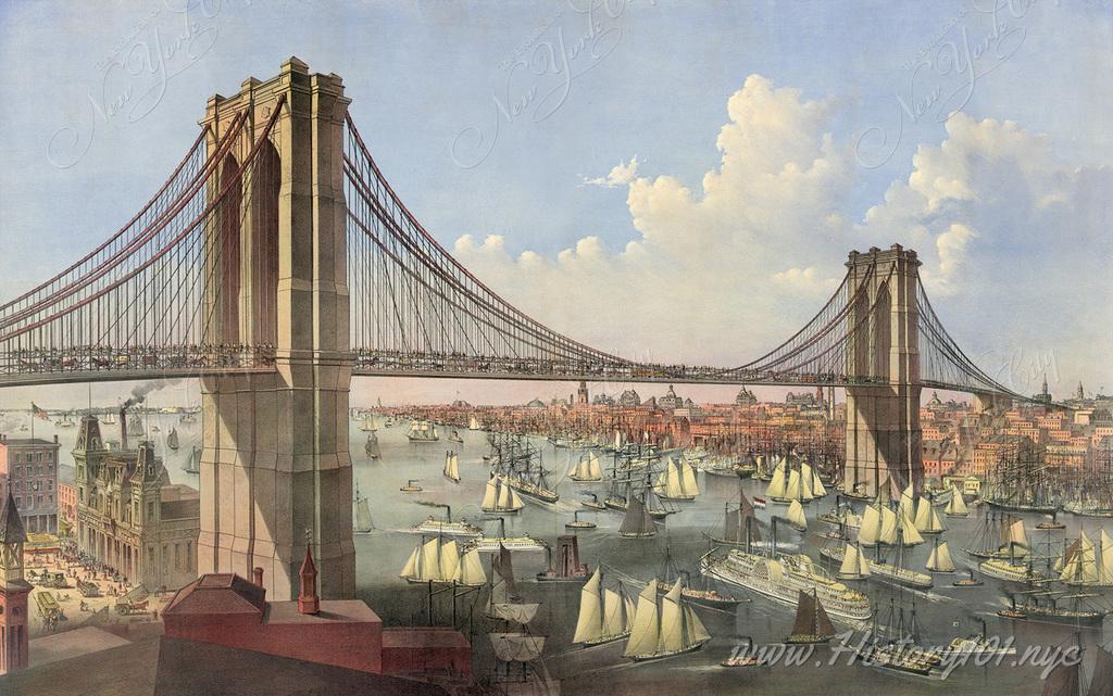 A color lithograph of what we know today as the Brooklyn Bridge, which was constructed over the course of this decade.