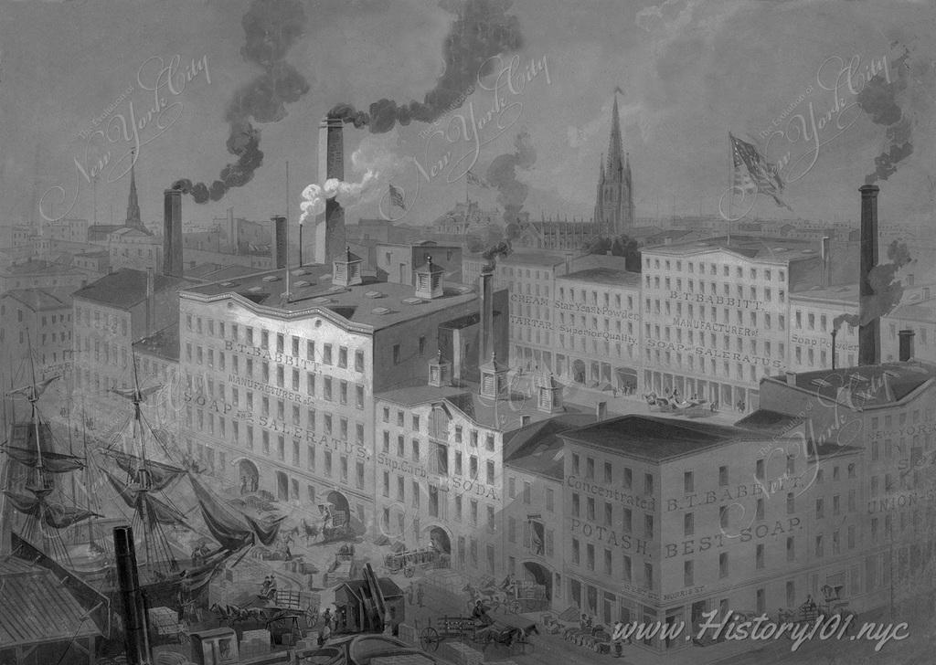 Drawing by James A. Shearman featuring a soap factory in lower Manhattan, from West St. looking northeast, with the Equitable Building in the background.