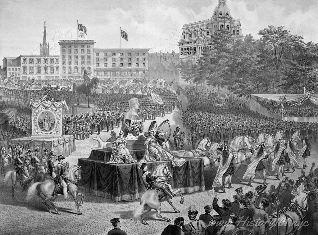 Print shows portion of a St. Patrick's Day parade at Union Square with a float in the center bearing a bust of Daniel O'Connell.