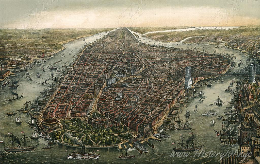 Discover George Schlegel’s bird’s-eye drawing of NYC, featuring Battery Park in the foreground and the iconic Brooklyn Bridge to the right