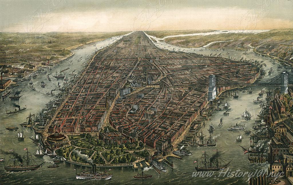 A bird's-eye view of New York with Battery Park in the foreground and the Brooklyn Bridge on the right.