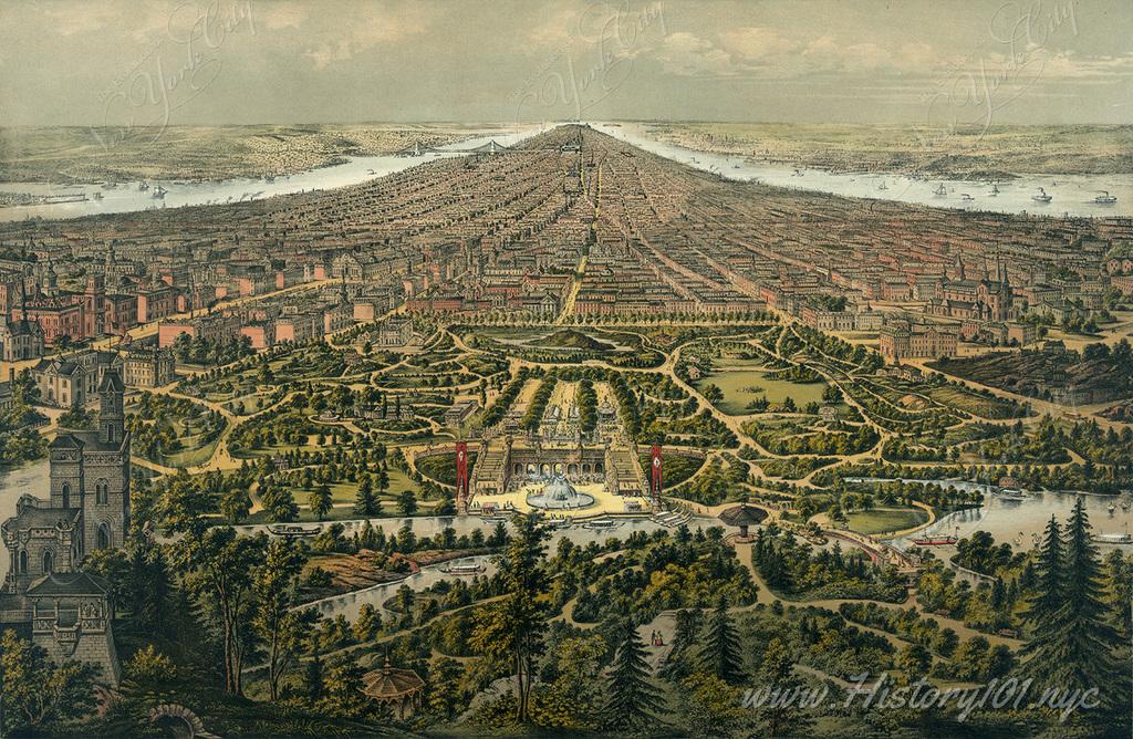 A bird's-eye view of New York with Central Park in the foreground.