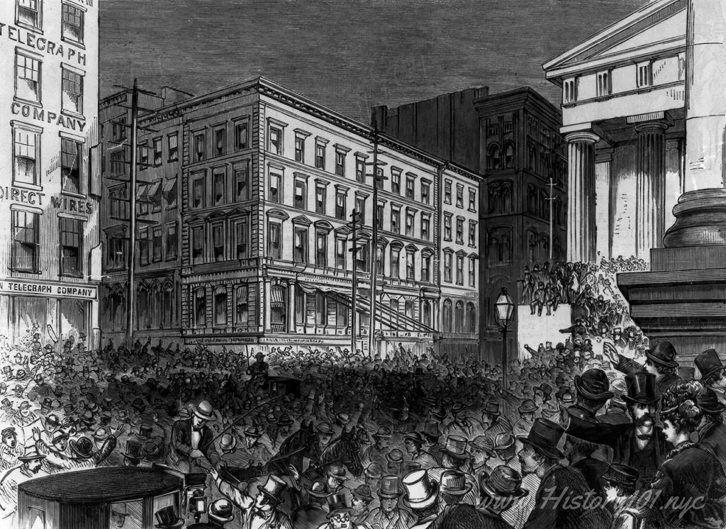 Illustration depicting  the sub-treasury overrun by the public on Friday Sept. 19th at the Intersection of Nassau and Broad Streets with Wall Street.