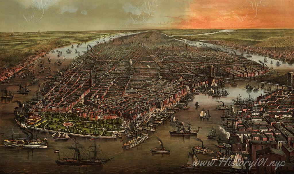 An aerial view of the southern tip of Manhattan during the early morning hours. Illustration includes the shores of Brooklyn and New Jersey.