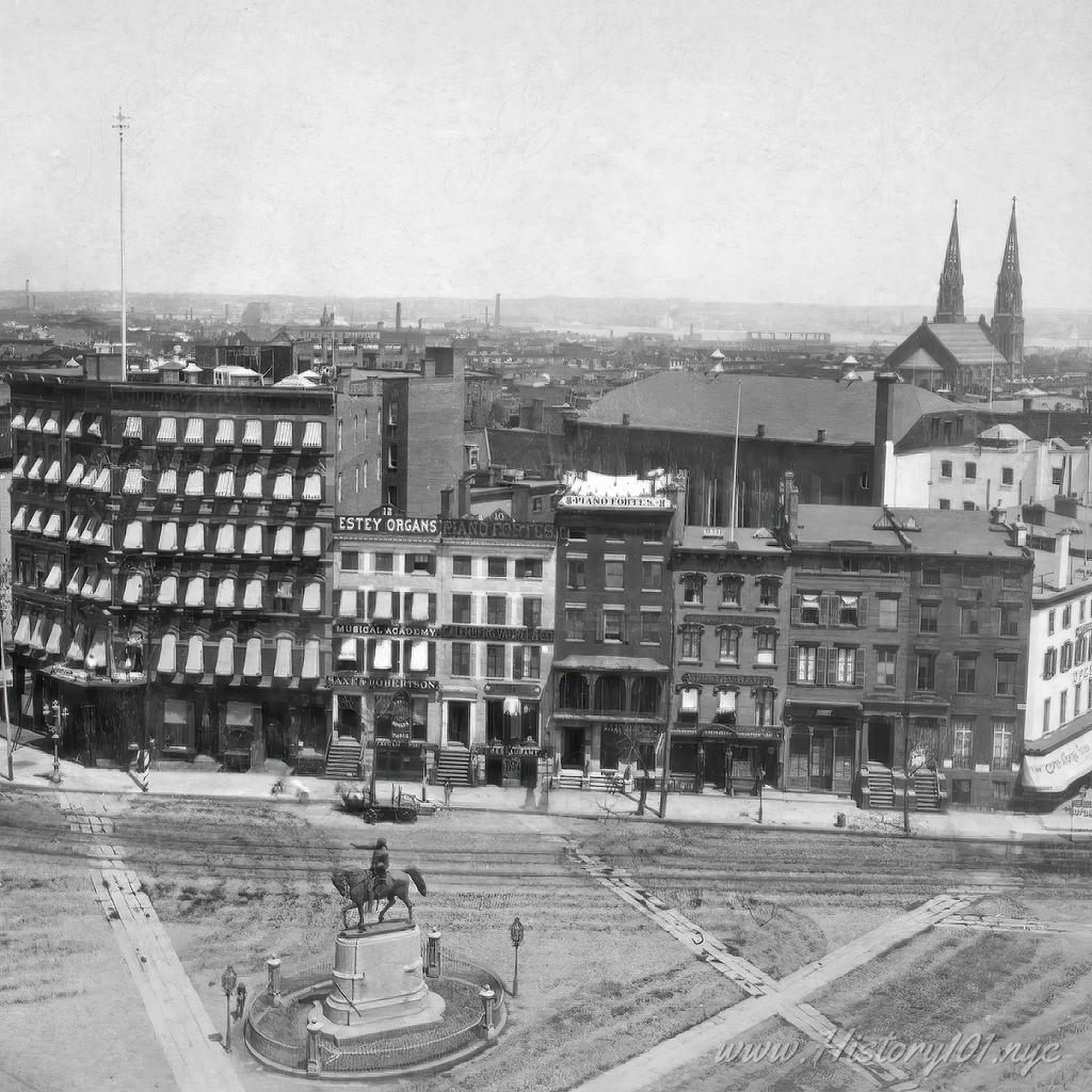 Views of Union Square, including the park, equestrian statue of George Washington, and the rustic buildings which once inhabited the neighborhood.