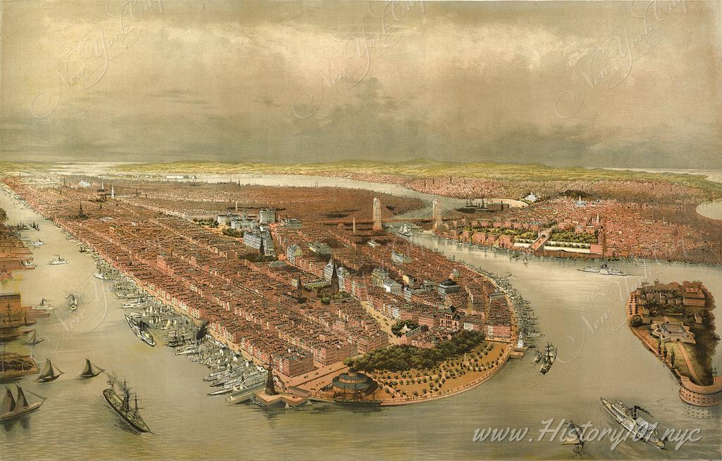 Elevated perspective of New York showing the waterfront, Brooklyn Bridge, with Battery Park and Governors Island in the foreground