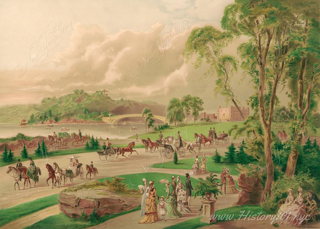 A painting which shows New Yorkers enjoying the foliage and scenery at Central Park.