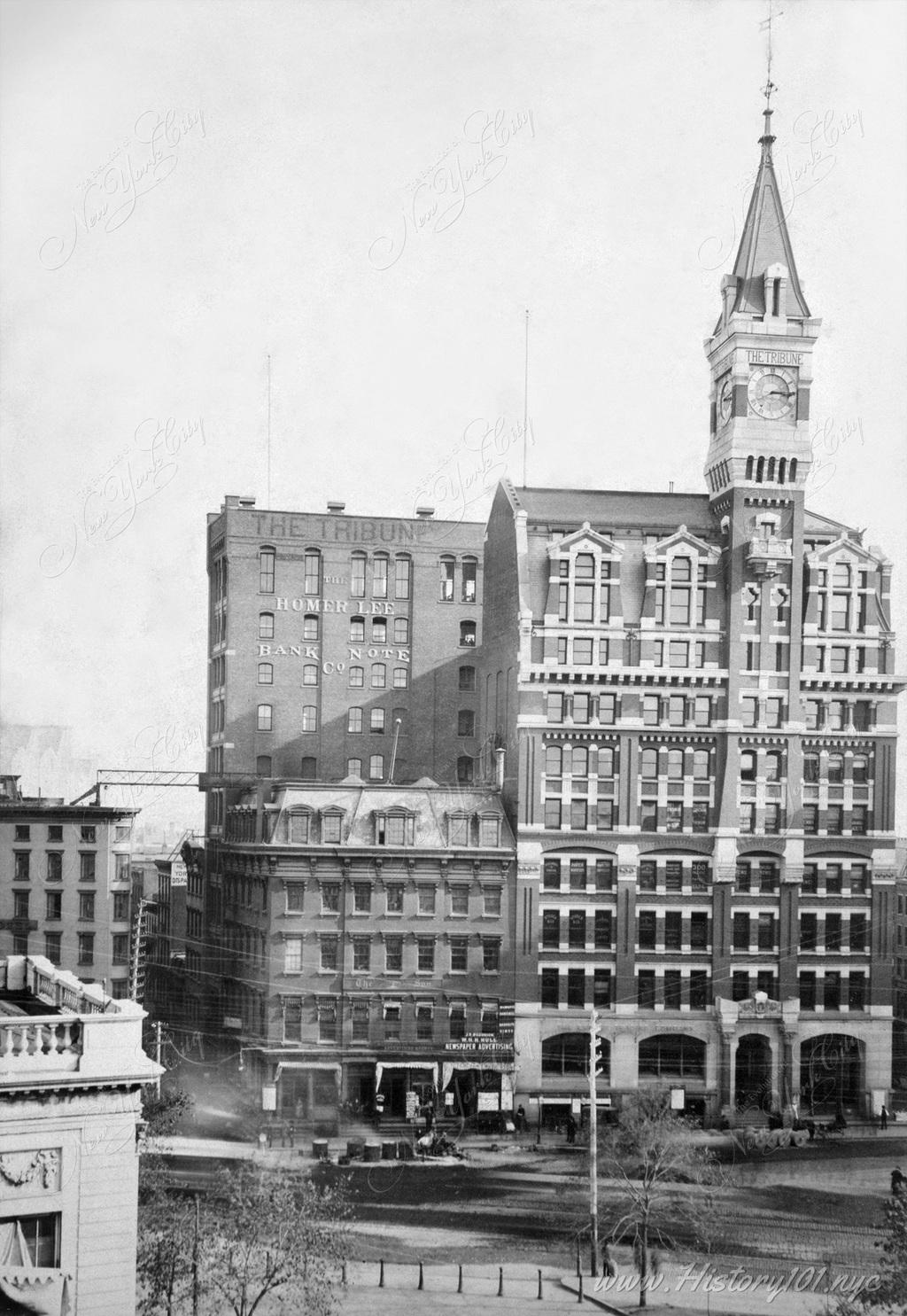 The Tribune Building, on the site of two previous Tribune buildings, was announced in 1873 and completed in 1875 to designs by Richard Morris Hunt.