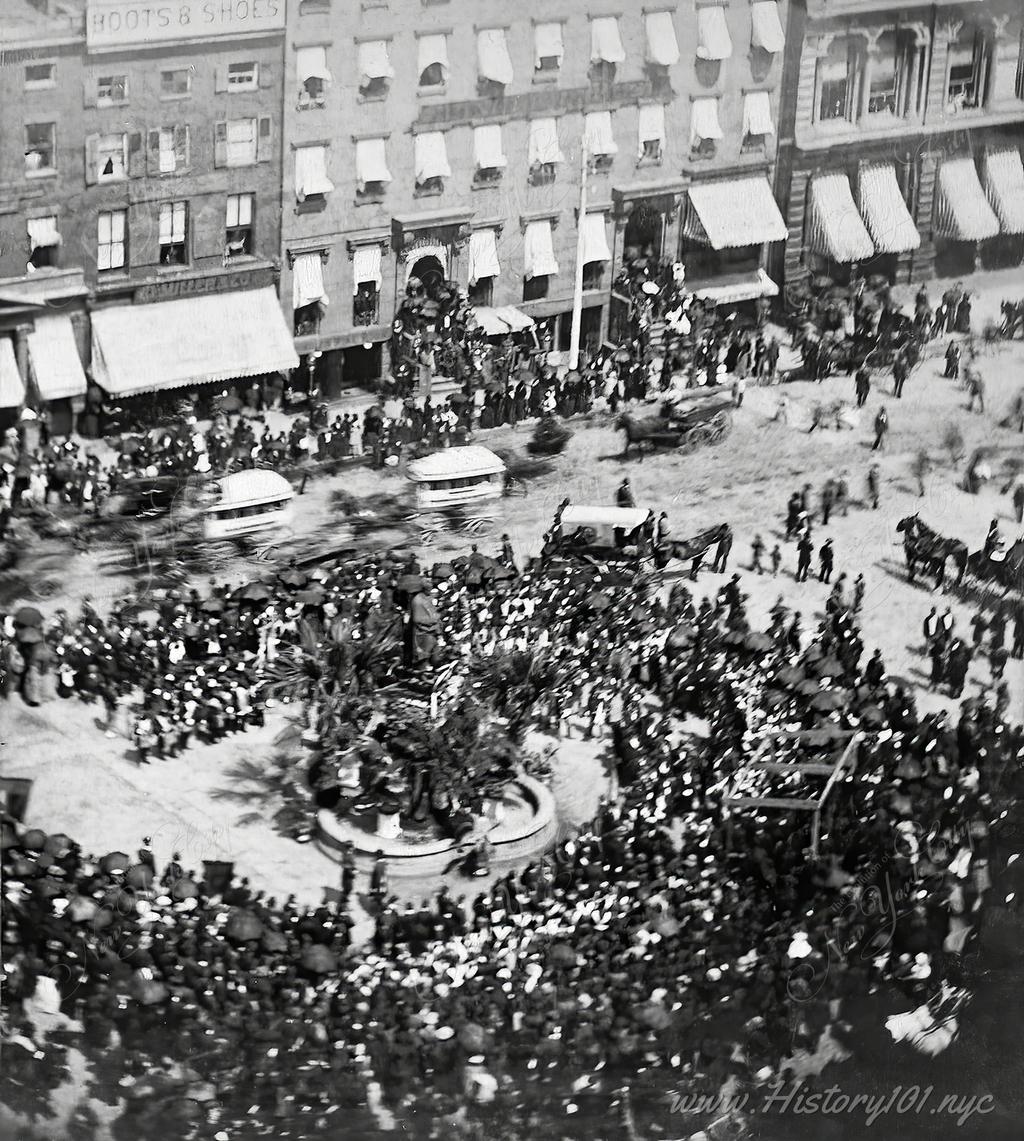 An elevated view of celebrations at Union Square Park on Decoration Day, or as we would currently know it, Memorial Day.
