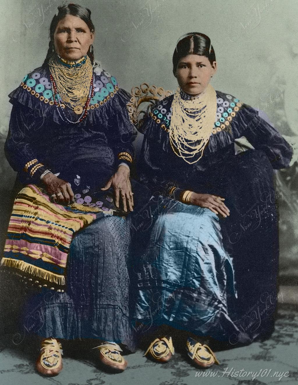 Colorized photograph of a mother and daughter of the Lenape tribe - the last of New York City's indigenous inhabitants at the turn of the century.
