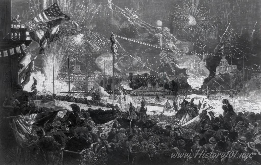 A drawing which shows a night of celebration in Union Square on July 4th, 1876, exactly 100 years since the nation's founding.