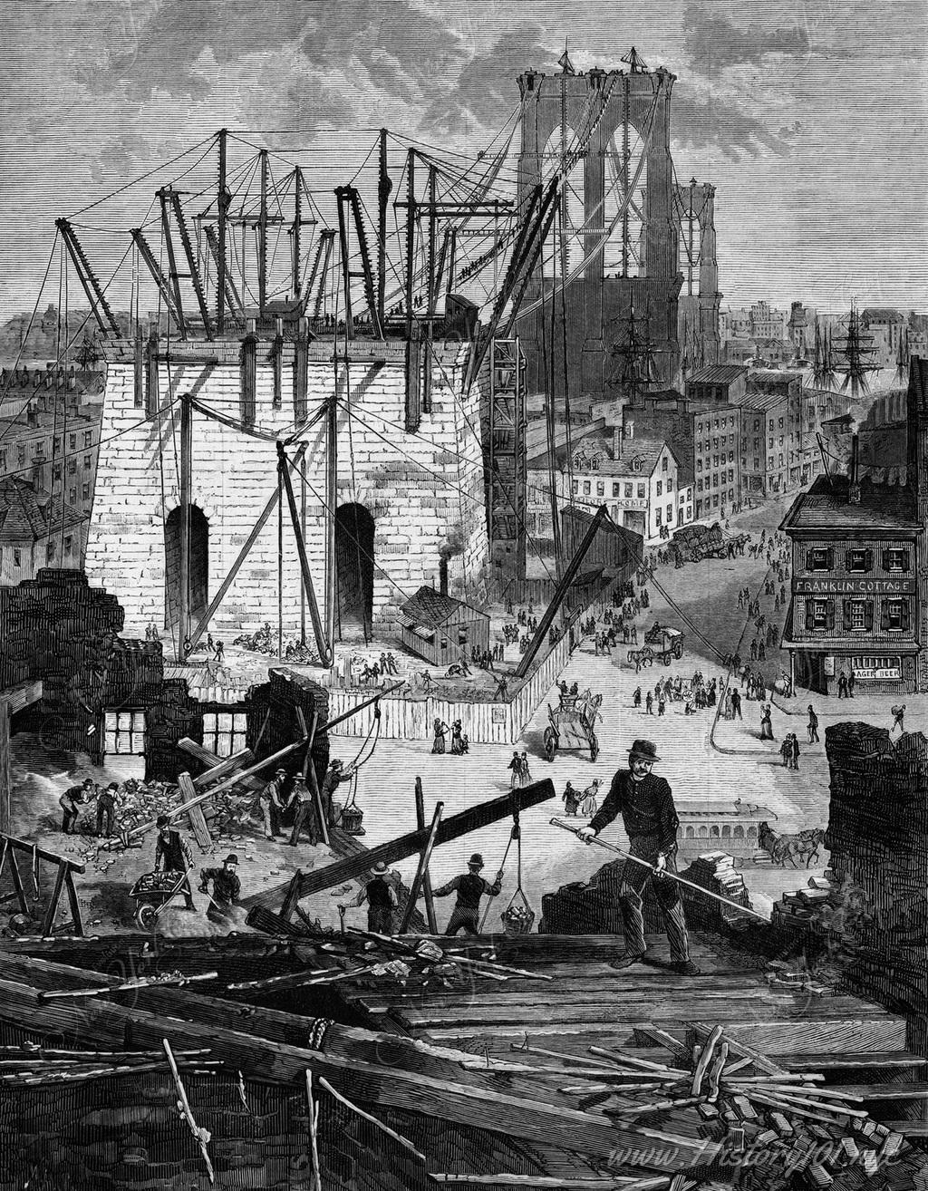 Artist's rendering of numerous buildings in Manhattan  which were demolished to clear a path for the the East River Bridge, known today as the Brooklyn Bridge.