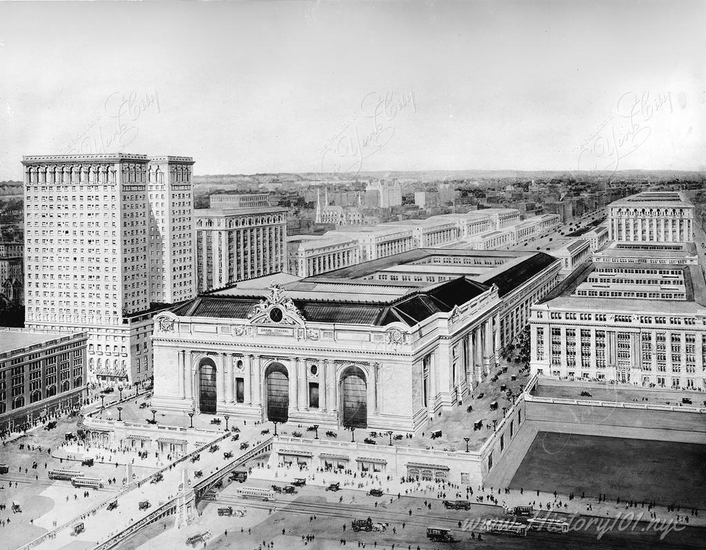 A bird's eye view of midtown Manhattan featuring the recently completed Grant Central Terminal.