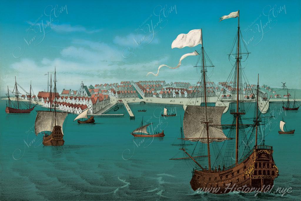 Illustration of New Amsterdam, a small city on Manhattan Island, New-Holland, North America. The image depicts the harbor and multiple ships taking port.