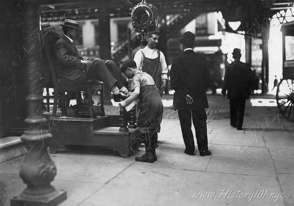 Shoeshine stand beneath the Third Avenue elevated train in the East Village