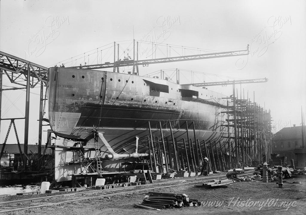 Photograph showing the construction of the USS New York at Brooklyn Navy Yard.