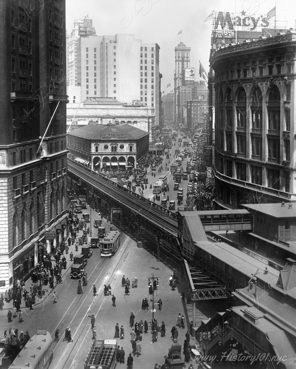 Aerial photograph of the Herald Square elevated railroad and Sixth Avenue near 34th Street.