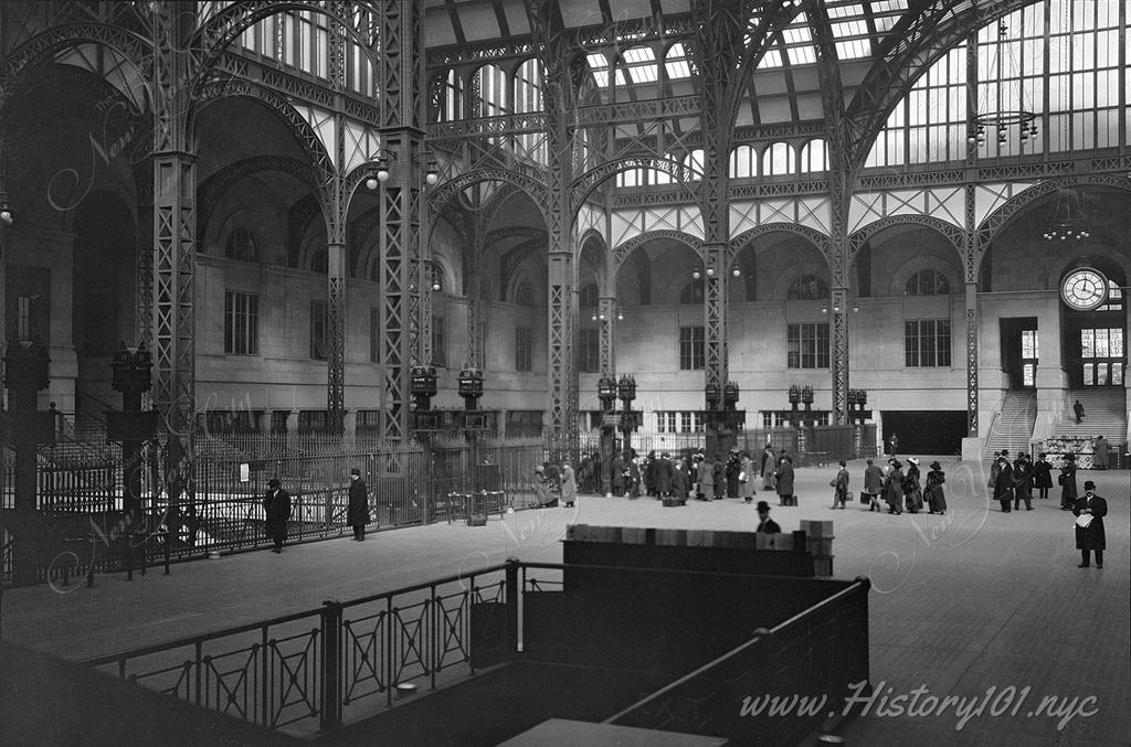 Photograph of pedestrians commuting at the Pennsylvania Station, where the Long Island Railroad opened to the public on September the 8th, 1910.