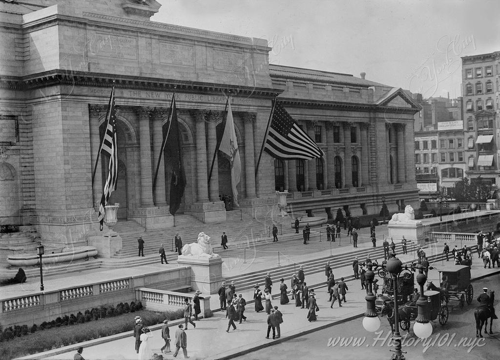 Photograph of crowds gathering for the opening of New York's iconic Public Library on May 23rd, 1911.