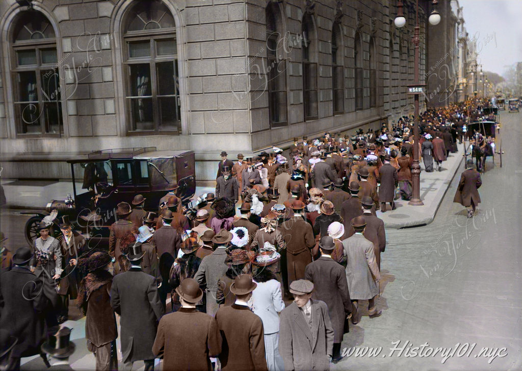 Photograph of a large crowd gathered on Fifth Avenue in celebration of Easter.