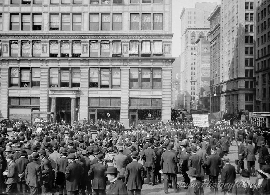 Photograph of a crowded scene at Union Square for May Day - an ancient festival of spring celebrated by European cultures.