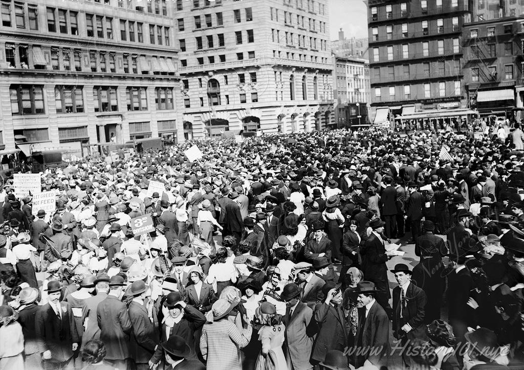 Photograph shows overhead view of crowds tightly packed into Union Square for May Day.