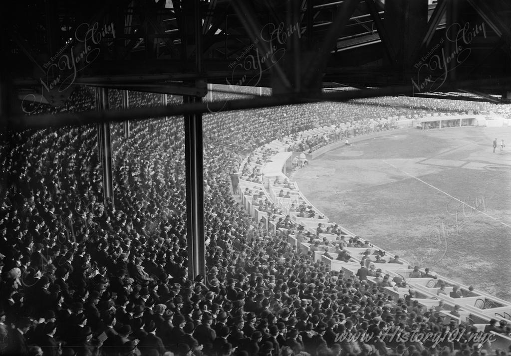 Photograph showing an aerial perspective of Polo Grounds, where the NY Highlanders have taken the field.