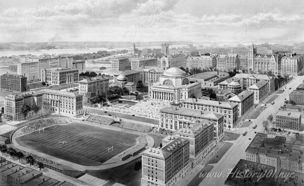 An illustration depicting a bird's eye view of Columbia University, South Field and surrounding campus grounds.