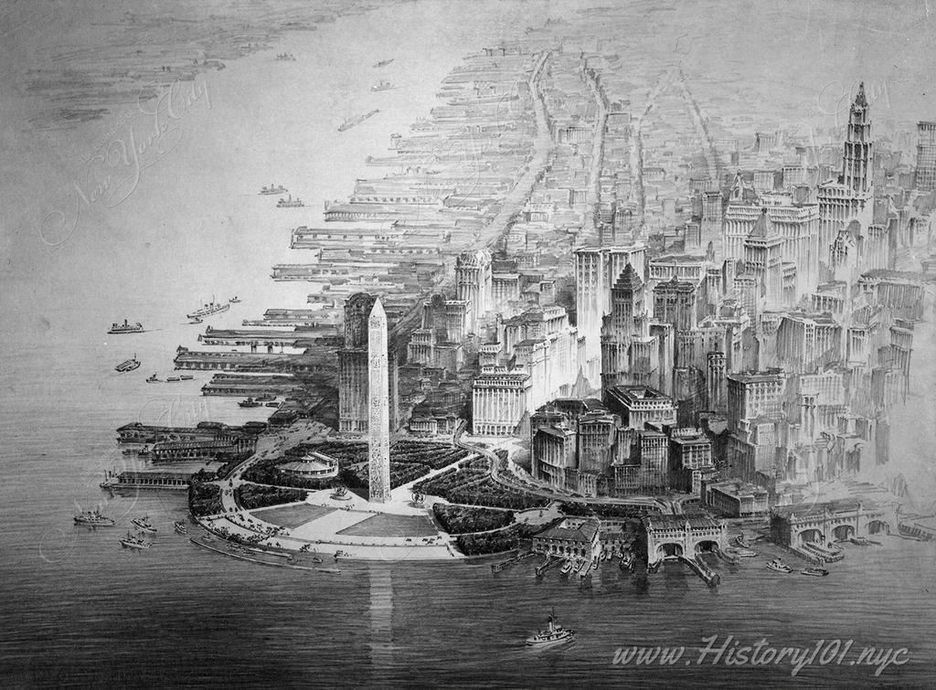 An illustration of a potential design of Battery Park by Eric Gugler. The proposed design featured an obelisk structure and waterfront park.