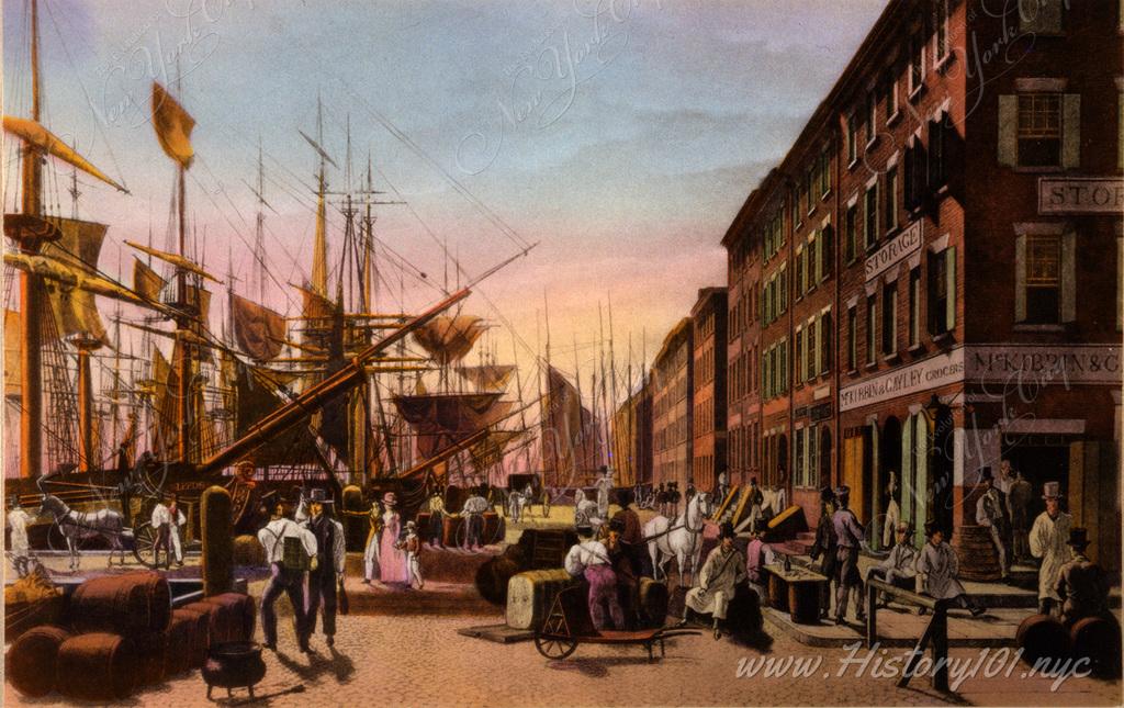 Artist's rendering of The South Street Seaport, the first pier in the area was occupied in 1625 by the Dutch West India Company.