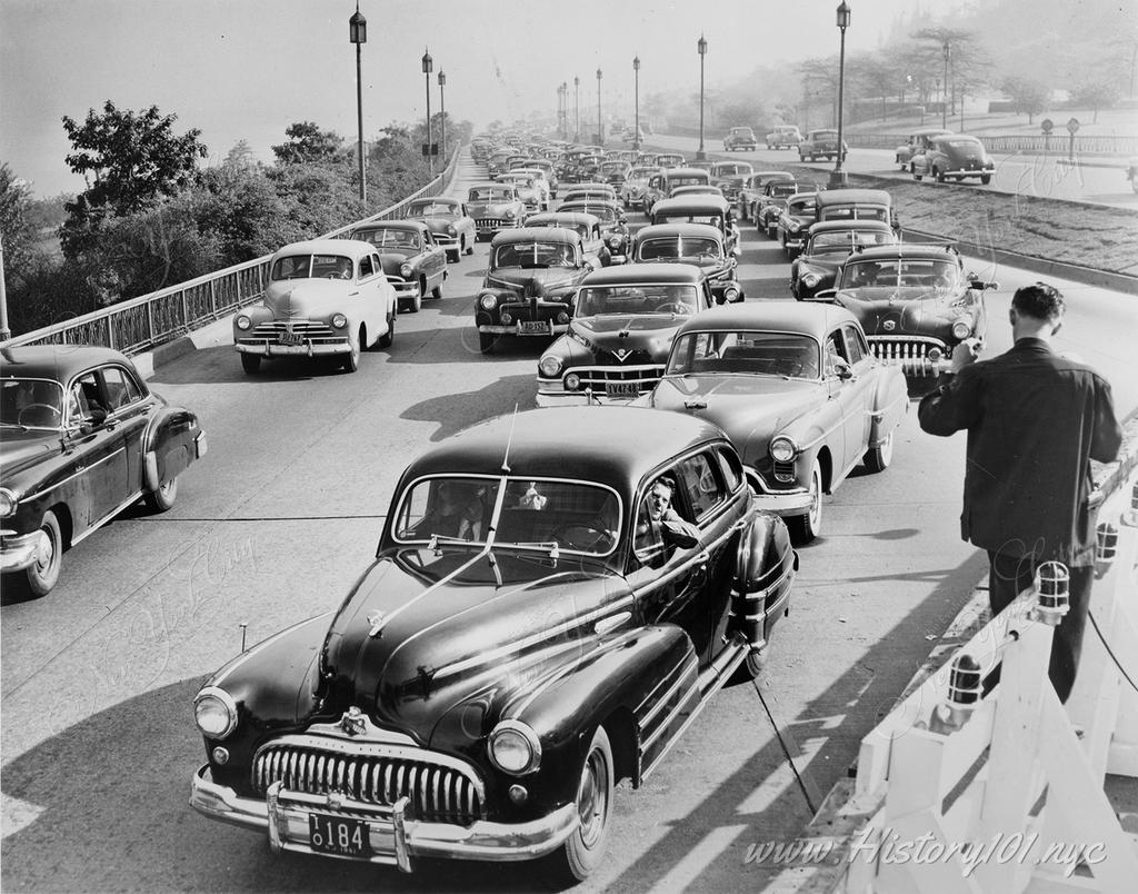 Road construction delays traffic during rush hour on West Side Highway, at 79th Street, New York City.