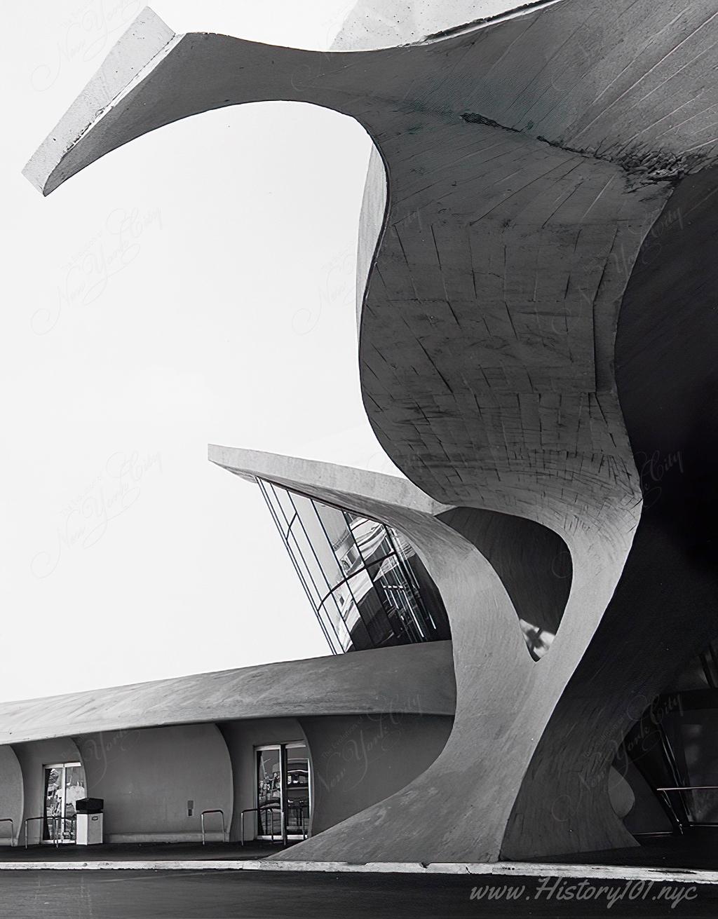 Photograph of an exterior wall of the Trans World Airlines Terminal which highlights its mid-century modern aesthetic.