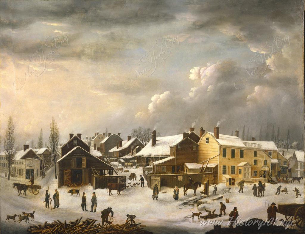 A painting of Brooklyn after a snow storm in 1760, rendered by artist Francis Guy. During this time the Kings County was still quite rural.